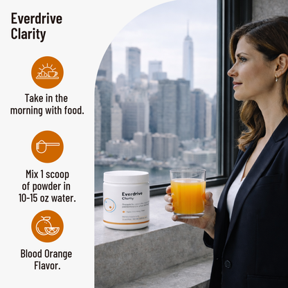 Woman holding a glass of Everdrive Clarity in the morning: take with food, mix 1 scoop in 10 to 15 oz of water, Blood Orange flavor